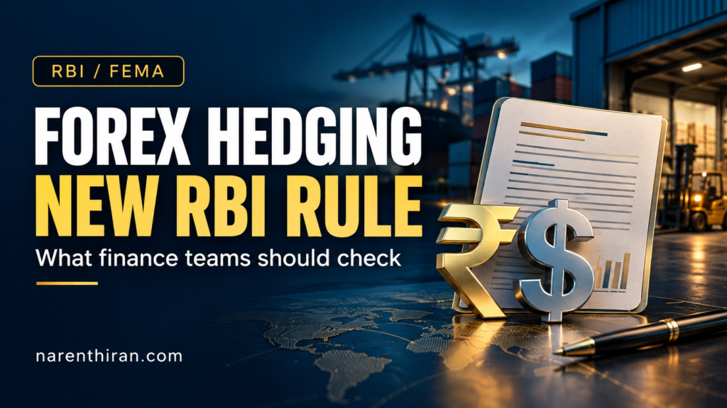 Forex hedging contract and currency symbols illustrating RBI reserve-rule checks for finance teams.